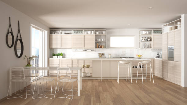 istock Penthouse minimalist kitchen interior design, lounge with sofa and carpet, dining table, island with stools, parquet. Modern contemporary white architecture concept idea 1474516569