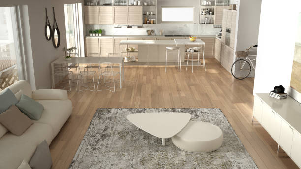 istock Penthouse minimalist kitchen interior design, lounge with sofa and carpet, dining table, island with stools, parquet. Modern contemporary white architecture concept idea, top view 1474516571
