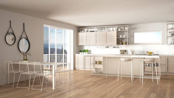 istock Penthouse minimalist kitchen interior design, lounge with sofa and carpet, dining table, island with stools, parquet. Modern contemporary white architecture concept idea 1474516572