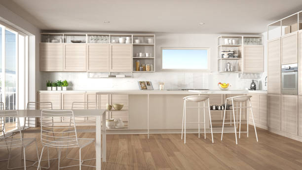 istock Penthouse minimalist kitchen interior design, lounge with sofa and carpet, dining table, island with stools, parquet. Modern contemporary white architecture concept idea 1474516574