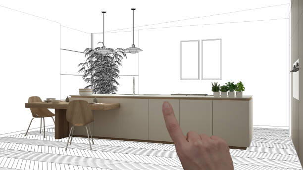 istock Unfinished project, under construction draft, concept interior design sketch, hand pointing real wooden kitchen with blueprint background, architect and designer idea 1474516582
