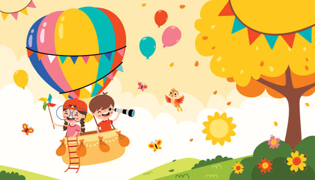 ilustraciones, imágenes clip art, dibujos animados e iconos de stock de niños de dibujos animados montando un globo aerostático - child balloon happiness cheerful