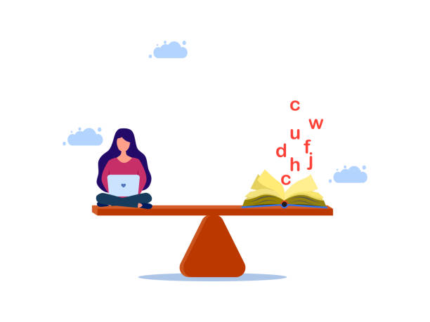 istock Woman working on laptop and books on scales. Balancing work and learning 1474518022