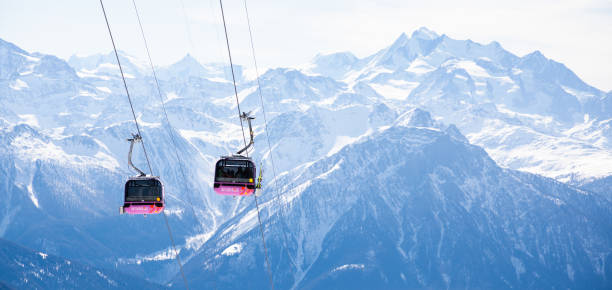 Cable car cabins on winter sport resort in Swiss Alps in Mannlichen, Switzerland