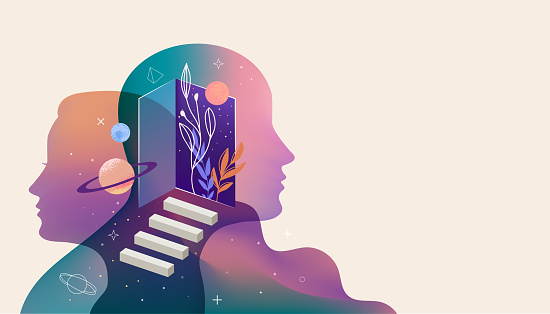 Psychology, Dream, Mental Health concept illustration. Brain, neuroscience and creative mind poster, cover. Vector modern illustration