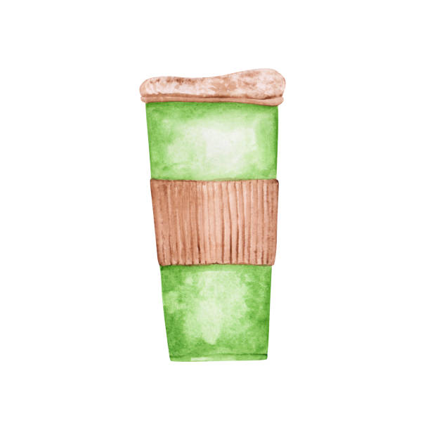 Paper cup isolated on a white background. Green watercolor takeaway coffee cup with waffle paper clipart. Recycle drink objects. Earth Day illustration. Street mu for hot tea. Organic pack mock-up. Paper cup isolated on a white background. Green watercolor takeaway coffee cup with waffle paper clipart. Recycle drink objects. Earth Day illustration. Street mu for hot tea. Organic pack mock-up. whipped cream dollop stock illustrations