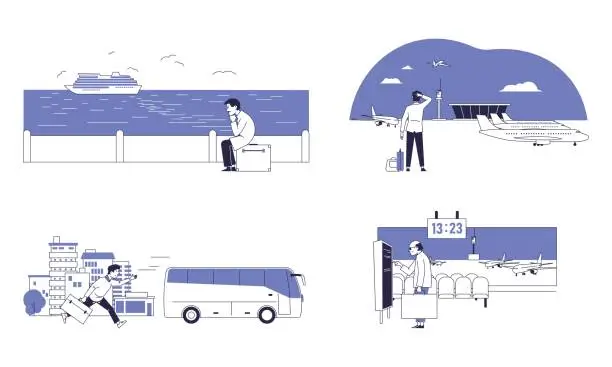 Vector illustration of People late for transport. Vector scenes with passengers characters.