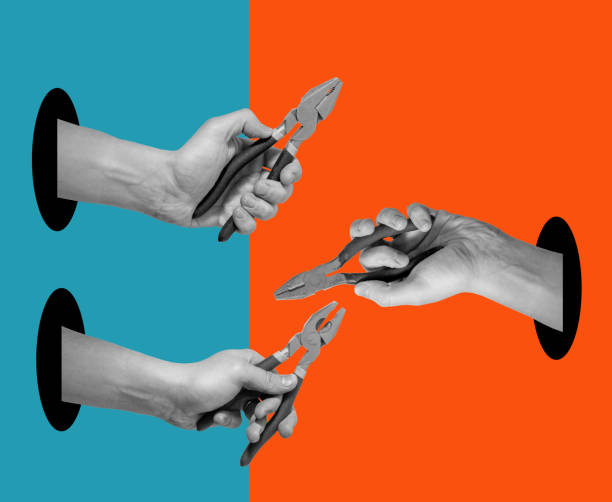 istock Art collage of hands with tools on a surreal background. 1474530135
