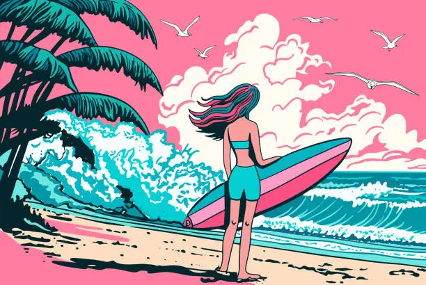 Vector illustration of Surfer girl on the beach. Woman with surfboard. Cartoon vector illustration
