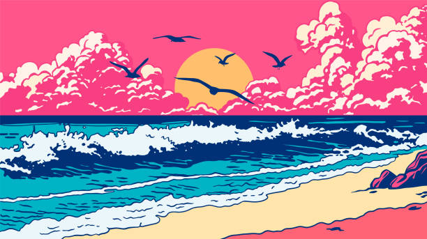 海の海岸、夕日、カモメ。レトロな海洋ベクター画像風景 - tropical music点のイラスト素材／クリップアート素材／マンガ素材／アイコン素材