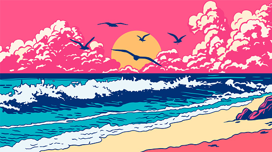 Ocean coast, sunset and seagulls. Retro vector cartoon landscape