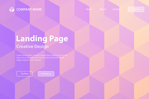Landing page template for your website. Modern and trendy background with 3D effect. Abstract geometric design with lots of cubes and beautiful color gradient. This illustration can be used for your design, with space for your text (colors used: Beige, Orange, Pink, Purple). Vector Illustration (EPS file, well layered and grouped), wide format (3:2). Easy to edit, manipulate, resize or colorize. Vector and Jpeg file of different sizes.