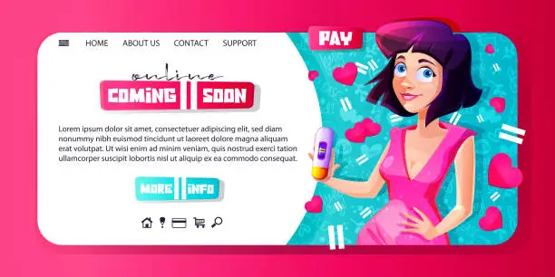 Vector illustration of Web page, pregnancy planning template in cartoon style. Joyful young girl with a positive pregnancy test on an abstract color background with hearts and two stripes.