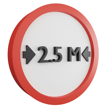 3D render width limit 2.5 meters sign icon isolated on white background, red mandatory sign