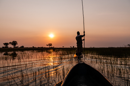 Okavango Delta, Botswana - August 3, 2022. A first person perspective of a sunset in the Okavango delta, as observed from a mokoro.