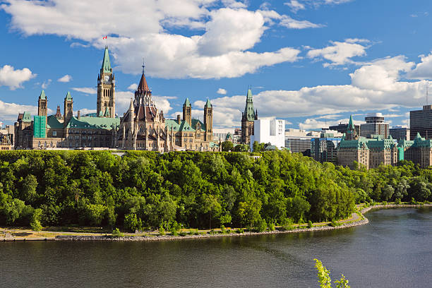 Scenic water view of Parliament Hill Ottawa Ontario Canada Parliament Hill, Ottawa, Ontario, Canada bell tower tower photos stock pictures, royalty-free photos & images