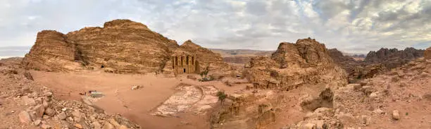Ad-Deir or The Monastery in the Lost City of Petra. Panoramic Photo