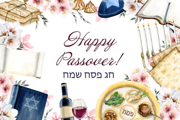 Happy Passover banner with Hebrew greetings, Pesah seder plate, matzah and almond flowers - Chag Sameach Jewish card Happy Passover banner with Hebrew greetings, Pesah seder plate, matzah and almond flowers - Chag Sameach Jewish holiday card passover celebration stock illustrations