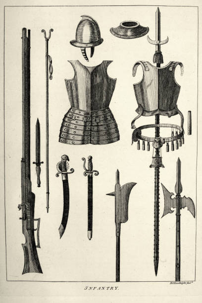 broń i zbroja angielskiego żołnierza, 17 wiek, pistolet arkebus, miecze, włócznia, bill, halbard, historia wojskowości - halberd stock illustrations