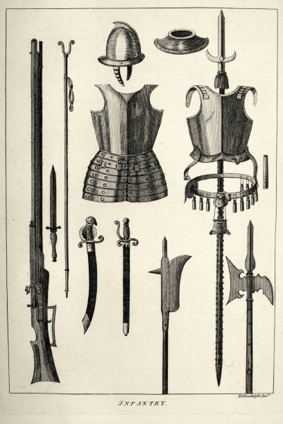 ilustrações de stock, clip art, desenhos animados e ícones de weapons and armour of english soldier, 17th century, arquebus gun, swords, spear, bill, halbard, military history - halberd