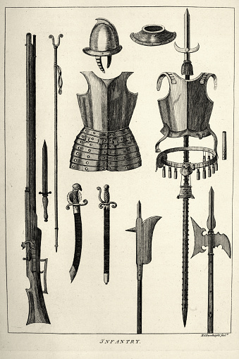 Vintage illustration, Weapons and armour of English soldier, 17th Century, Arquebus gun, Swords, Spear, Bill, Halbard, Military History