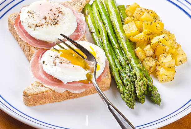istock Poached Eggs on Toast Served with Pancetta and Roasted Vegetables 147454861