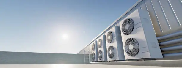 Photo of 3d rendering of condenser unit or compressor on rooftop of industrial plant, factory. Unit of ac or air conditioner, hvac or heating ventilation and air conditioning system. Motor, pump and fan inside