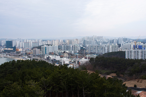 View landscape Hwanho sunrise garden park and cityscape from Pohang space walk for korean people foreign traveler travel visit at Gyeongsangbuk do on February 18, 2023 in North Gyeongsang, South Korea