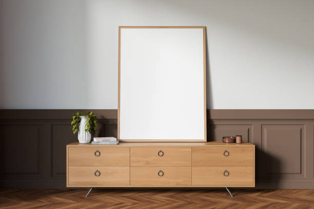 istock Front view on bright living room interior with empty poster 1474557846