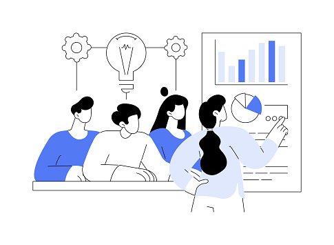 Brainstorming new product idea abstract concept vector illustration. Group of diverse colleagues discusses new business project, launching product process, teamwork organization abstract metaphor.