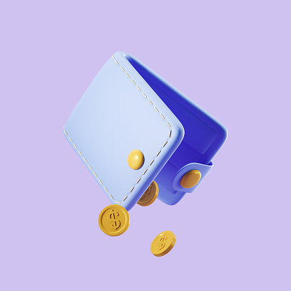 Empty blue wallet and gold dollar coins falling. Concept of crisis and economy. 3D rendering