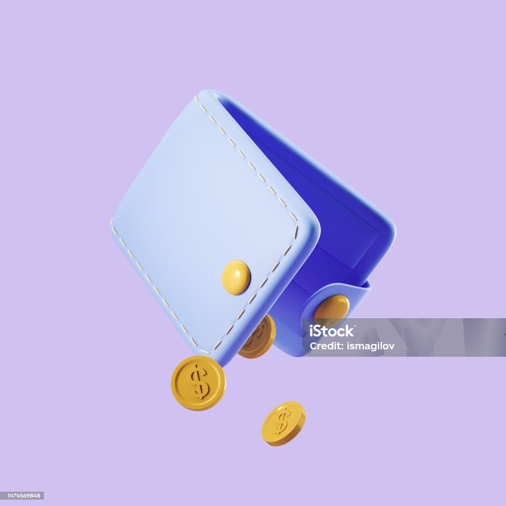 Wallet and falling coins on purple background, crisis Empty blue wallet and gold dollar coins falling. Concept of crisis and economy. 3D rendering Wallet Stock Photo