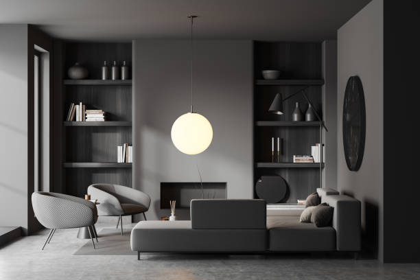 istock Grey living room interior with couch and shelf with decoration 1474569880