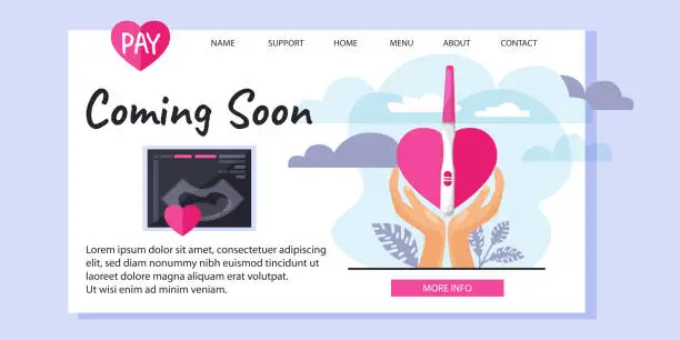Vector illustration of Web page, pregnancy planning template in flat style. Women's hands with a positive pregnancy test on an abstract color background with a picture of a baby.