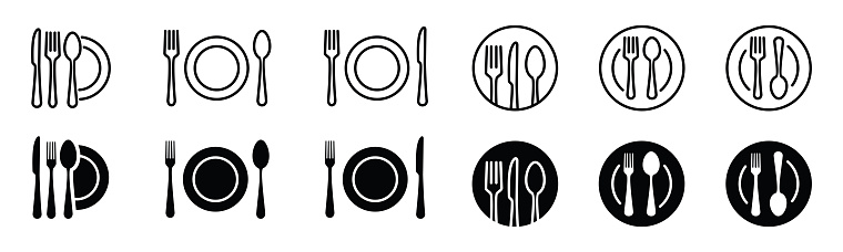 Fork, spoon, knife, and plate icon. Cutlery icon set in line and flat style. Dinnerware icon symbol in the circle. Restaurant sign and symbol. Vector illustration