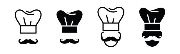 Restaurant icon Chef icon. Chef hat icon set. Mustache chef sign and symbol in line and flat style. Vector illustration toque stock illustrations