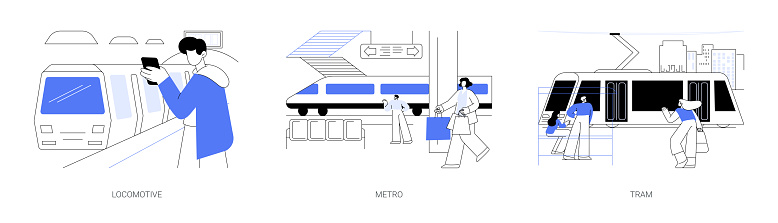 Railborne Evs abstract concept vector illustration set. Locomotive train, metro passengers, people waiting for electric tram, ecology-friendly sustainable urban public transport abstract metaphor.