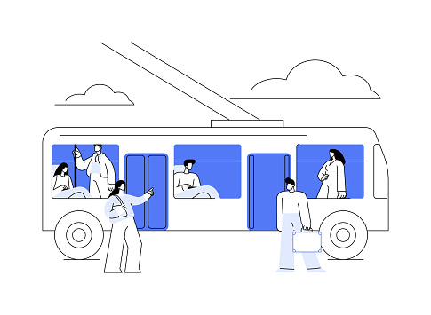 Trolleybus abstract concept vector illustration. Group of diverse people enter the electric trolleybus, ecology environment, sustainable urban transportation, public vehicle abstract metaphor.