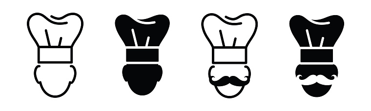 Chef icon. Chef hat icon set. Mustache chef sign and symbol in line and flat style. Vector illustration