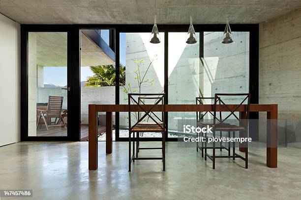 Interior Wooden Dining Table Stock Photo - Download Image Now - Cement Floor, Dining Table, Architecture