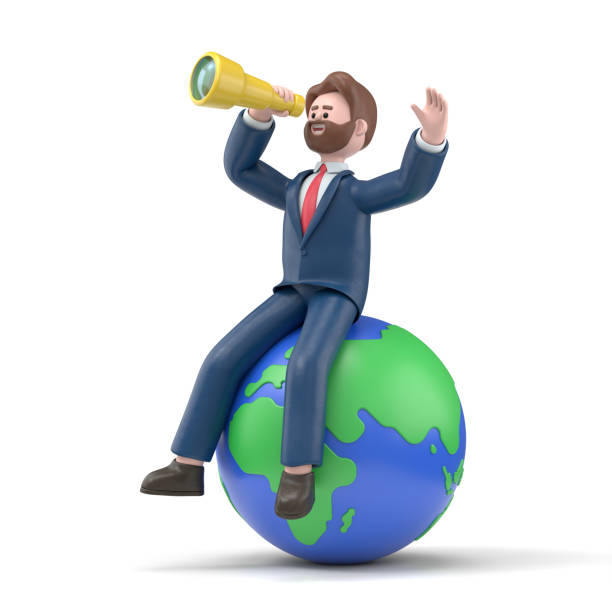 3d illustration of smiling bearded american businessman bob looks through the telescope to universe on earth.3d rendering on white background. - caucasian three dimensional shape men sky imagens e fotografias de stock