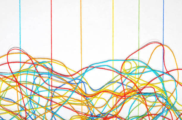 Tangled, multicolored, crochet-knitting threads in the form of lines on a white background