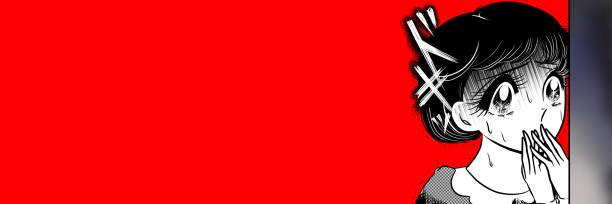 широкоформатная иллюстрация японской манги сёдзё в стиле 70-х, изображающая красивую черноволосую девушку в бледной панике после того, как � - women bob movie retro revival stock illustrations