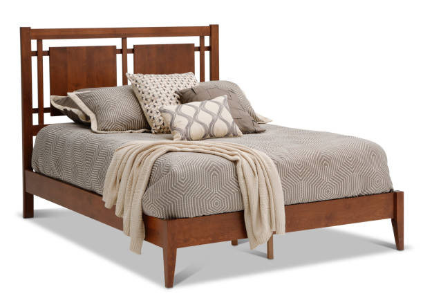 contemporary bed isolated on white background , front view . include clipping path . close up - bed stockfoto's en -beelden