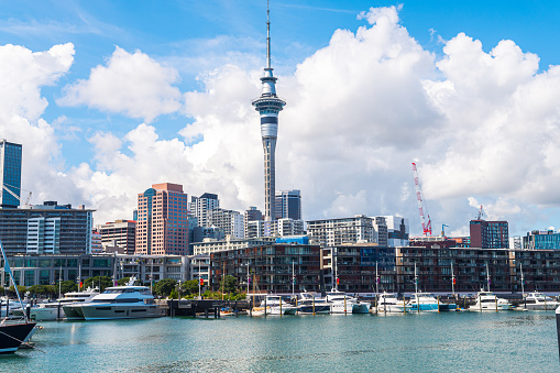 auckland, new zealand. 17th february, 2023: views of auckland harbour and sky tower at background