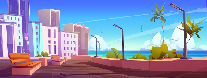 City with embankment on sea beach. Summer landscape of seafront with benches, palm trees, street lights and bushes. Town with buildings and promenade, vector cartoon illustration