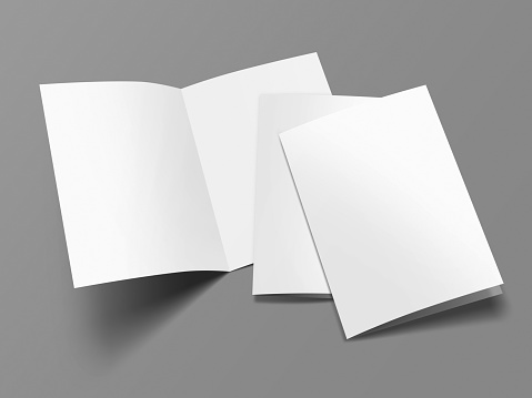 A3 half fold blank opened and closed 3D illustration magazine mock-up with cover. book, booklet, postcard, flyer, brochure, pamphlet, catalog empty mockup for Presentation on isolated background.