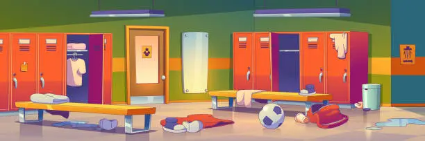 Vector illustration of Messy locker room with clutter, soccer ball