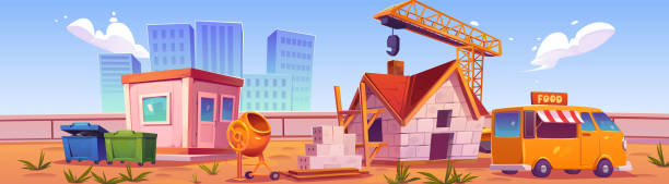 illustrazioni stock, clip art, cartoni animati e icone di tendenza di cantiere della casa sullo sfondo del paesaggio urbano - backgrounds brick construction development