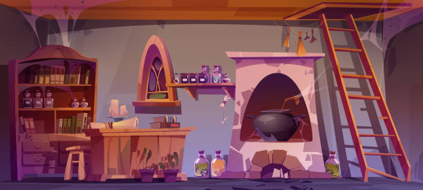 istock Abandoned potions shop interior, dusty furniture 1474584570
